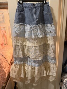 POL Tiered Denim and Lace Maxi Skirt in Light Blue and Cream